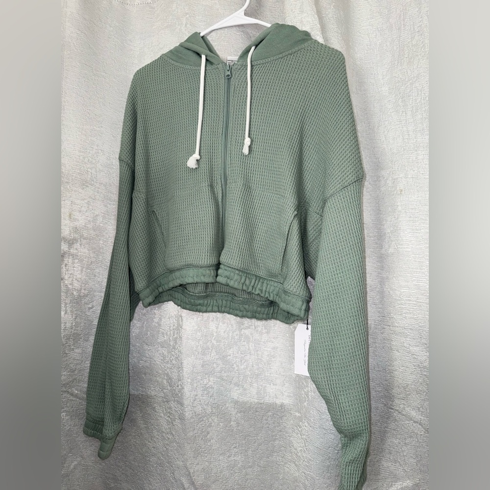 Together Sage Green Waffle Knit Cropped Hoodie